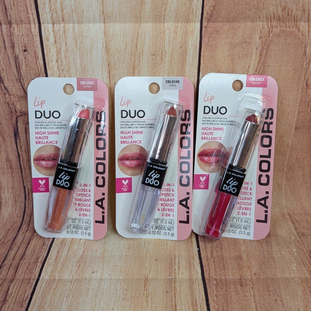 3 PK L.A. COLORS Lip Duo Twinkle Clarity Flushed High Shine Lipstick Gloss